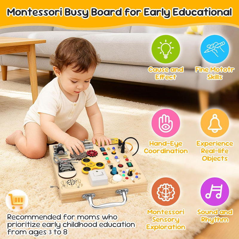 25-in-1 Montessori Busy Board with LED Lights, Sensory Activities for Toddlers 1-3 Years