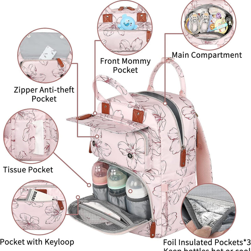 Diaper Bag Backpack, Baby Girl Diaper Bag for Mom, Large Pink Floral Diaper Bag Backpack for Girls, Waterproof Mom Backpack for Work Travel Holiday with Insulated Pockets and Stroller Straps