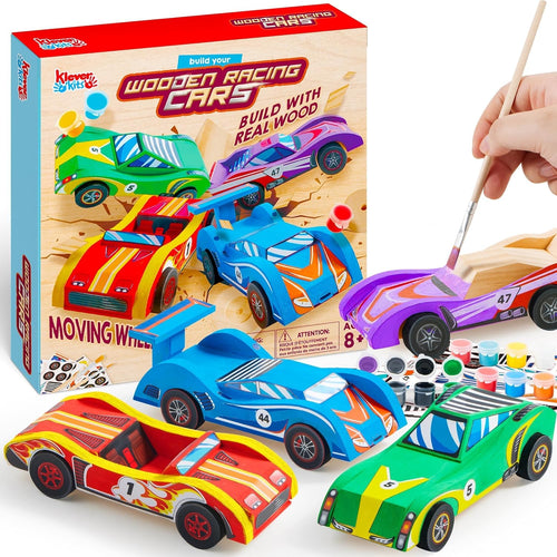Klever Kits 4 DIY Wooden Race Cars Craft Kit for Kids, Easy to Assemble Arts and Crafts Toy with Paint and Stickers