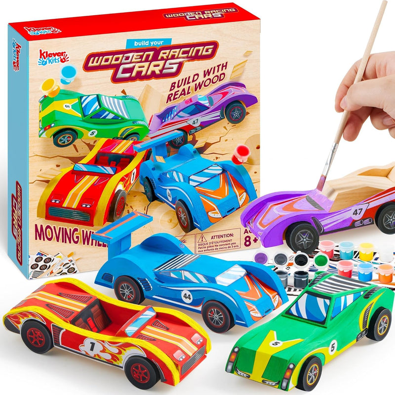 Klever Kits 4 DIY Wooden Race Cars Craft Kit for Kids, Easy to Assemble Arts and Crafts Toy with Paint and Stickers