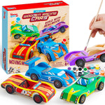 Klever Kits 4 DIY Wooden Race Cars Craft Kit for Kids, Easy to Assemble Arts and Crafts Toy with Paint and Stickers