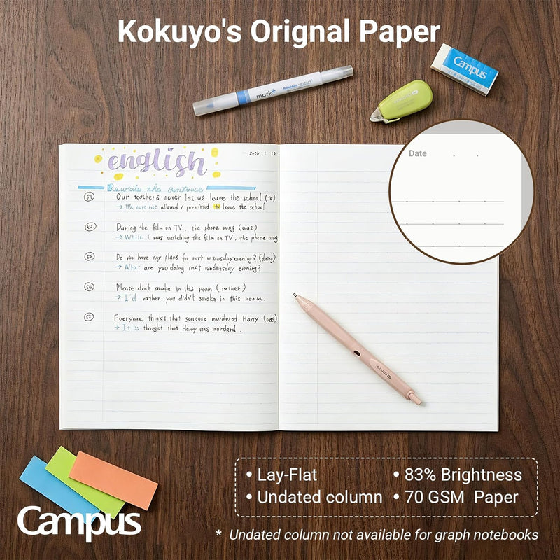 KOKUYO Composition Notebooks, 3 Pack Campus 9-3/4" x 7-1/2" Comp Book with College Ruled, 80 Sheets, Pink Blue Lavender School Lined Notebook Journal for Work Study Note Taking (WSG-NO-308CG1×3)
