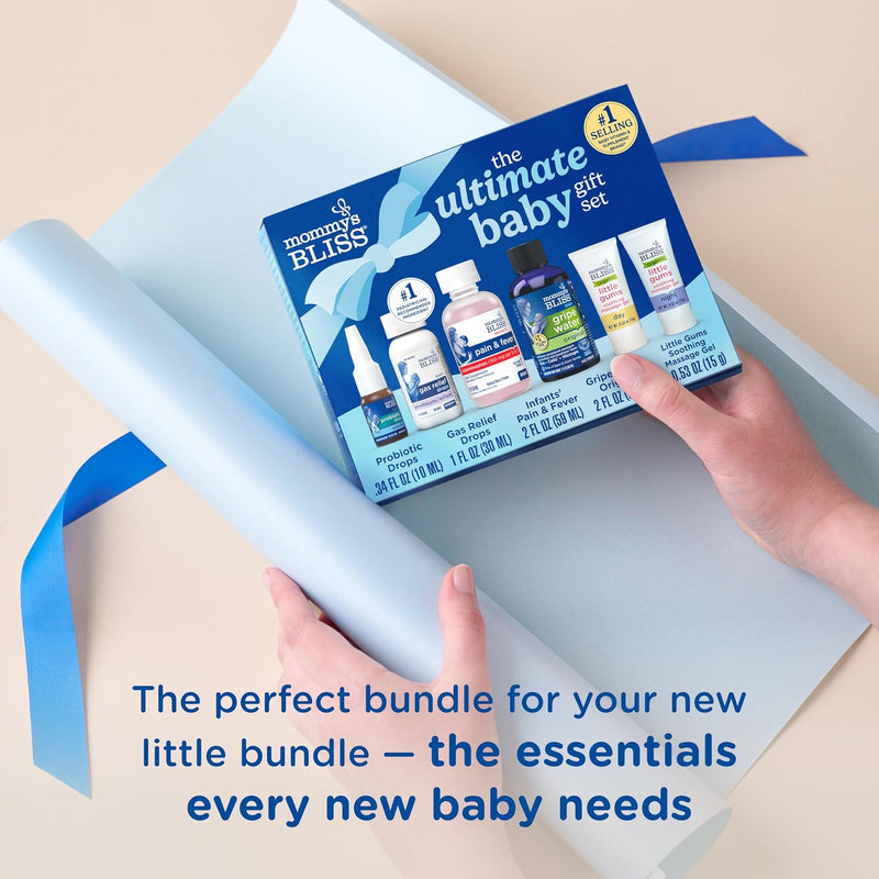 Mommy’s Bliss Ultimate Baby Gift Set | Gripe Water, Probiotic Drops, Pain & Fever Medicine, Gas Relief Drops, and Gum Massage Gel