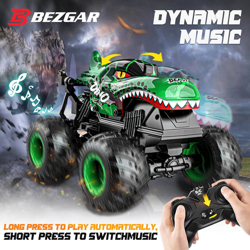 BEZGAR 1:20 Scale Remote Control Monster Truck with Light & Music for Kids 4-7, Dinosaur RC Car with 360° Spins and Drifting
