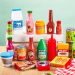 JOYIN 30Pcs Play Food Grocery Cans, Play Kitchen Accessories, Includes Drink, Juice, Jar, Seasoning, Water Bottle, Sauce, Yogurt, Ice Cream, Snack Box, Kids Gifts & Indoor Toys