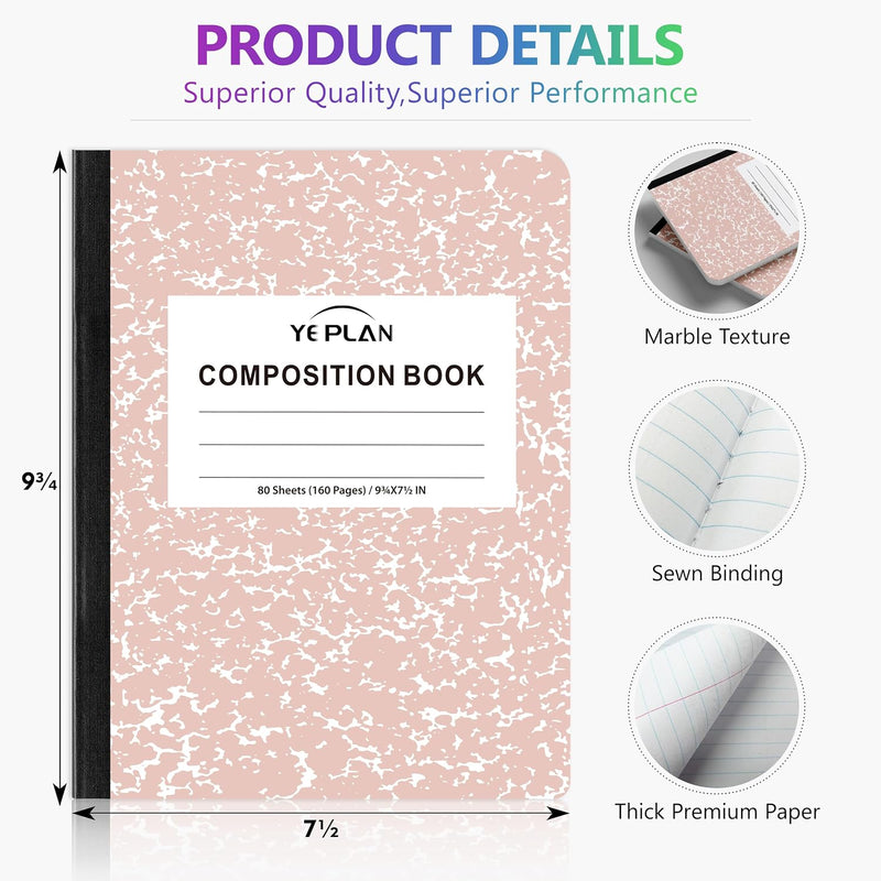 Yeplan Composition Notebooks 4 pack, Wide Ruled Notebook Paper, 9 3/4" x 7 1/2", 80 Sheets/160 Pages, Aesthetic Marble Composition Notebook for School & Office Supplies (4, Pastel Marble Colors)