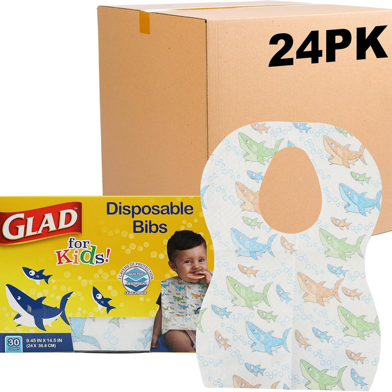 Glad for Kids Disposable Paper Bibs with Crumb Catcher, Sharks, 30 Count | Absorbent, leakproof design for mess-free feeding at meals, crafts, parties, and travel