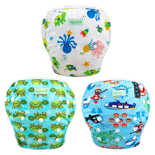 wegreeco Reusable Swim Diapers,Baby & Toddler Snap One Size Adjustable Reusable Baby Swim Diaper (Diving, Ocean, Turtle, Large, 3 Pack)