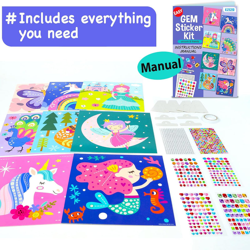 EZCRA Gem Sticker Kit for Kids - 990+ Stickers, 8 Unicorn Princess Themes | Diamond Art Stickers and Gem Craft Set. Mess-Free and DIY Arts and Crafts. Birthday and Holiday Gift for Girls Ages 3-8.