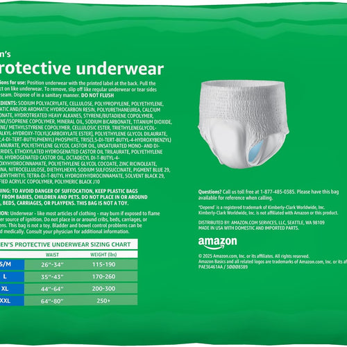 Amazon Basics Maximum Absorbency Incontinence Underwear for Men with Leak Protection and Odor Control, Disposable, Small/Medium, 60 Count (3 Packs of 20)