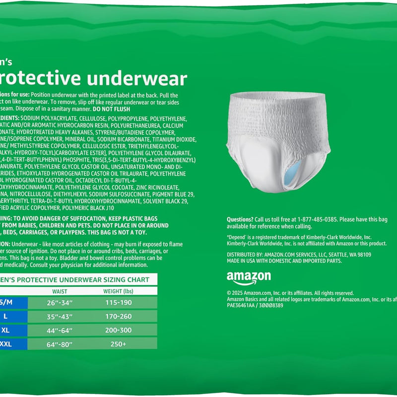 Amazon Basics Maximum Absorbency Incontinence Underwear for Men with Leak Protection and Odor Control, Disposable, Small/Medium, 60 Count (3 Packs of 20)