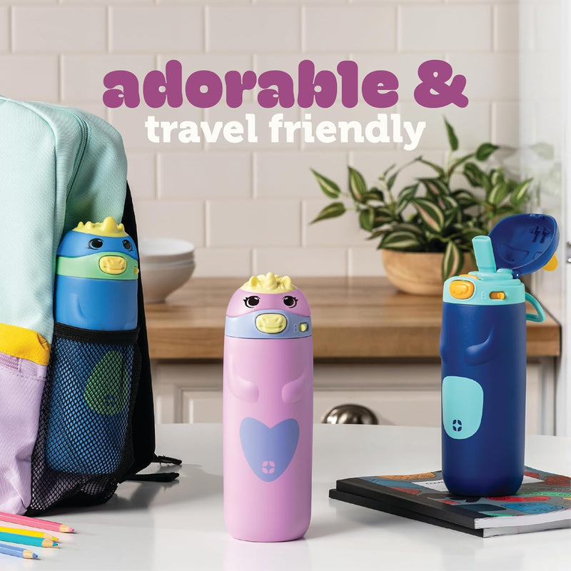 Ello Ellies 12oz Stainless Steel Leakproof Kids Water Bottle, Cat | Insulated kids water bottle with straw, leakproof locking lid, carry handle, and stainless steel fun animal design for school