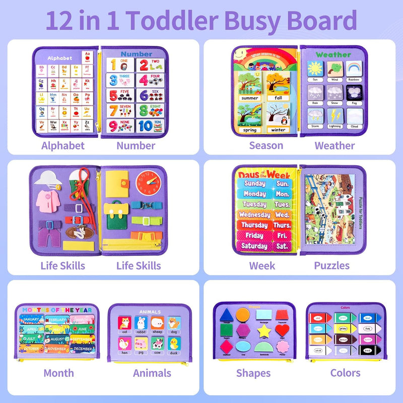Issray Montessori Toddler Busy Board, 12-Page Educational Activity Book, 24-in-1 Learning Toy for Motor Skills