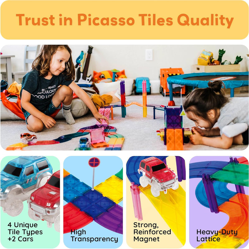 PicassoTiles Race Track Magnetic Tiles Car Toy Fun Playset Includes 2 Racing Trucks Racecars STEM Educational Magnet Building Block Construction Set for Toddlers Boys Girls Ages 3 and Older PTR30