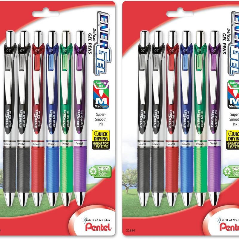 Pentel EnerGel RTX Retractable Liquid Gel Pen, (0.7mm), Medium Line, Metal Tip, Black Ink, Pack of 6 (BL77BP6A)