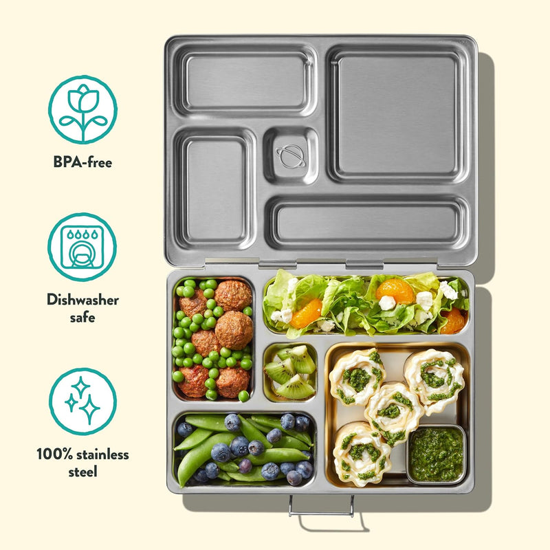 PlanetBox Rover Lunchbox Replacement - Brushed Stainless Steel Bento Box for Kids and Adults, Recycled Sustainable Lunch Box with Multi-Compartment Design