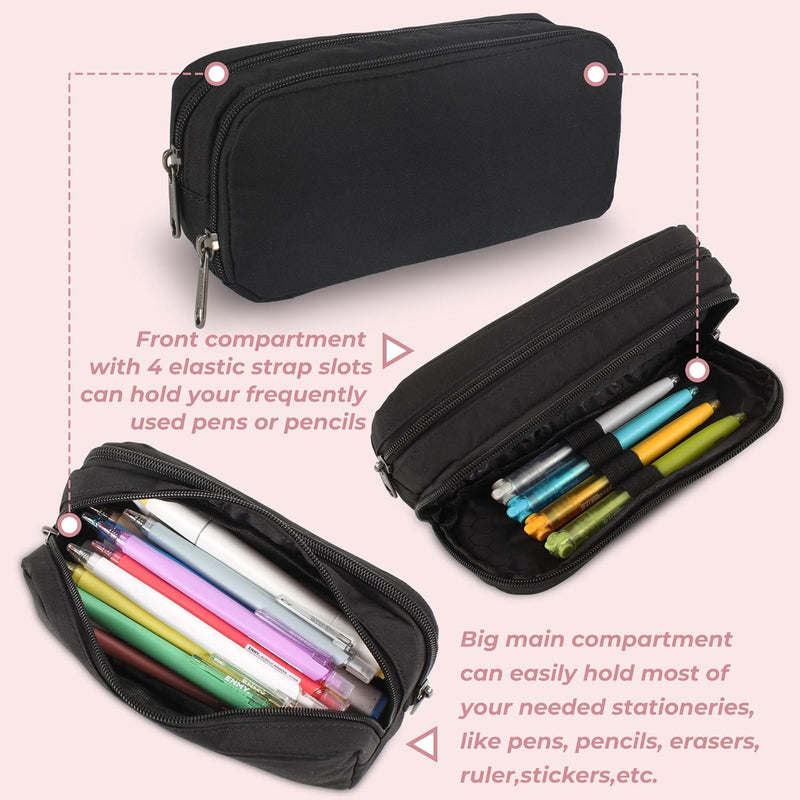 Della Gao Large Pencil Case, Big Capacity Pencil Pouch with 2 Compartments, Office Pencil Bag with Zipper, Big Pen Case for Adults (01-Black)