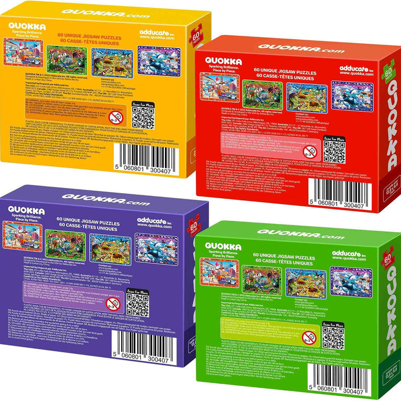 QUOKKA Puzzles for Kids Ages 4-6 - 4 x 60 Puzzles for Toddlers 5-8 - Educational Search and Find Toy for 8-10 yo for Learning Forest Polar, USA National Park Animals and City Life