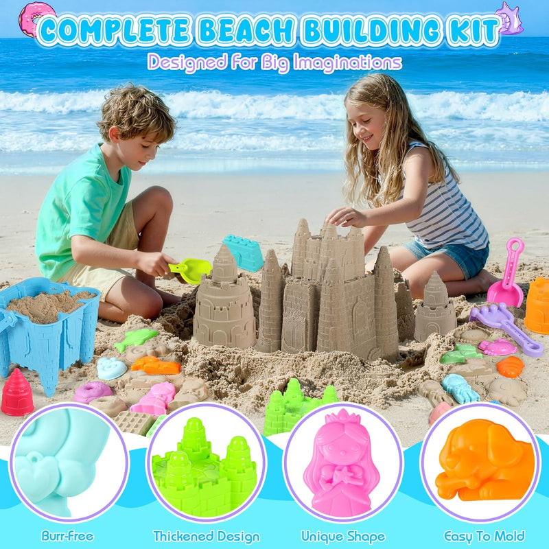 Beach Toys, Creative Sand Toys for Kids Boys and Girls, Sand Castle Building Kit with Stack Castle Buckets, Tools, Mesh Bags, Character Molds for Role Play, Outdoor Toys for Toddlers Kids Ages 3-10