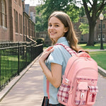 PRLINJSK Girls Backpack，Cute School Backpack for Girls Kids Teens，Kawaii Bookbag for Primary Elementary，Pink