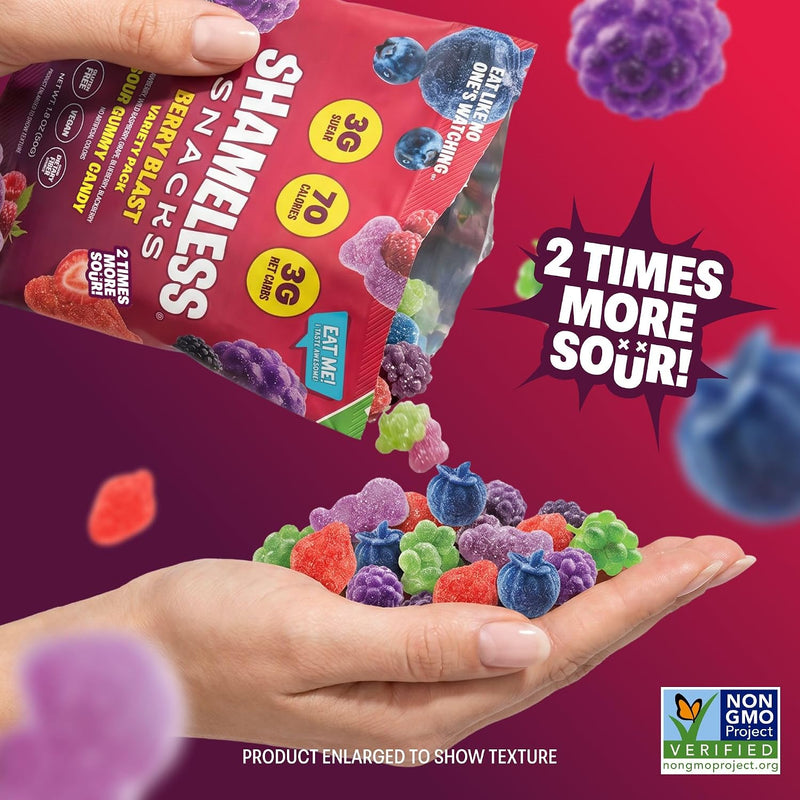 Shameless Snacks Berry Blast Gummy Candy Variety Pack & Fruit Snacks | Keto High Fiber Gummies, 3g Sugar 70 Cals - Gluten Free Vegan Bulk Treats for Kids & Adults