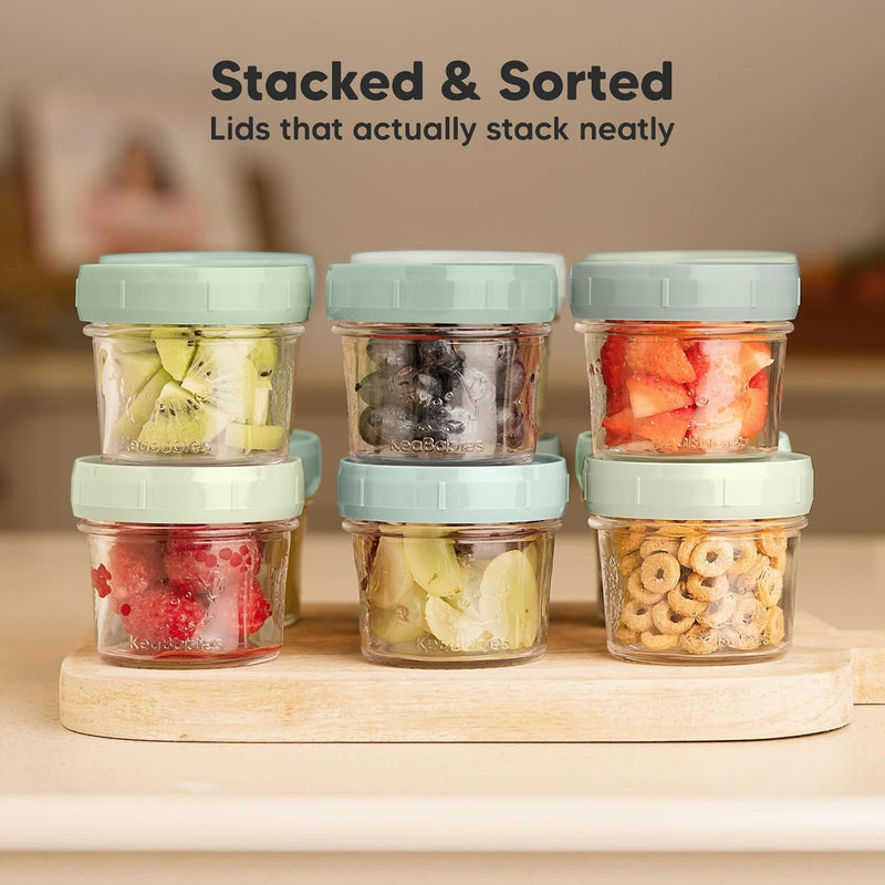 KeaBabies 12pk 4oz Glass Baby Food Containers with Lids, Leak-Proof (Sage) | Microwavable Small Glass Jars, Baby Purees, Toddler Snack Storage Containers, BPA-Free, Dishwasher-safe, Freezer Safe