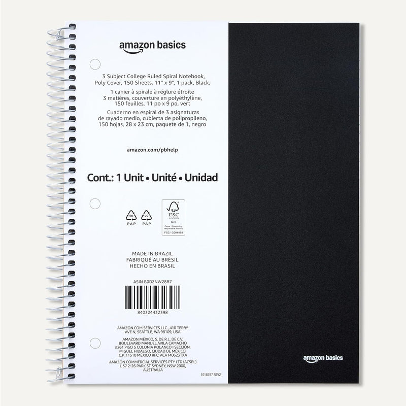 Amazon Basics College-Ruled 3-Subject Spiral Notebook, 150 Sheets, 8.5 x 11 inches, Black