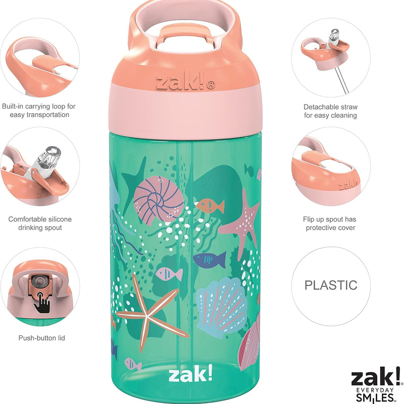 Zak Designs 16oz Riverside Kids Water Bottle with Spout Cover and Built-in Carrying Loop, Made of Durable Plastic, Leak-Proof Water Bottle Design for Travel (Unicorn & Shells, Pack of 2)