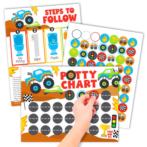 Hadley Designs Potty Training Chart for Toddlers Boys -10 Sticker Potty Chart for Toddlers Boys, 8.5x11" Potty Training Sticker Charts for Toilet Success, Monster Truck Toddler Reward Chart for Kids