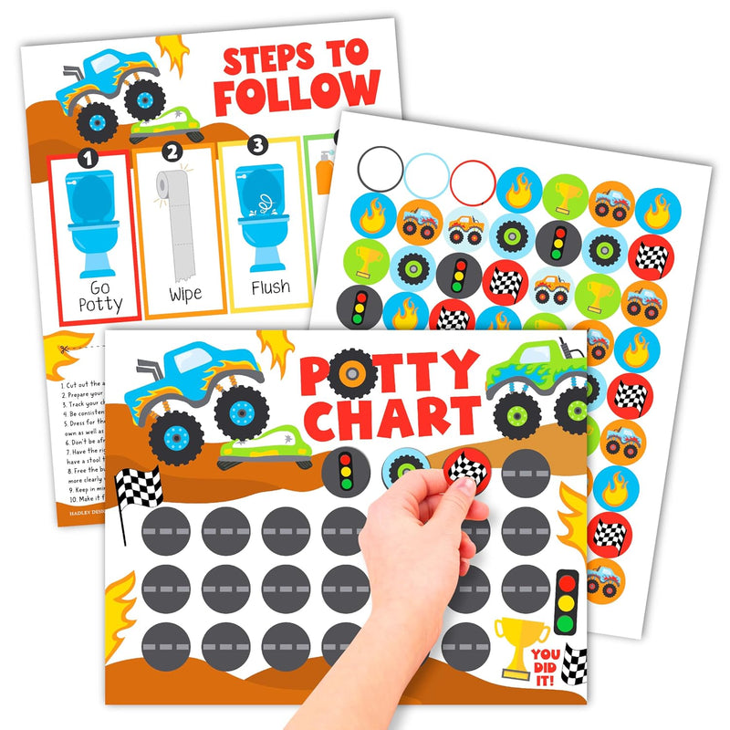 Hadley Designs Potty Training Chart for Toddlers Boys -10 Sticker Potty Chart for Toddlers Boys, 8.5x11" Potty Training Sticker Charts for Toilet Success, Monster Truck Toddler Reward Chart for Kids