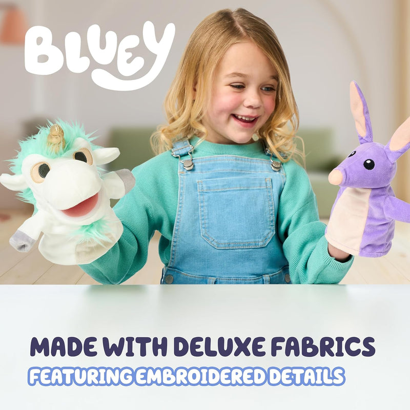 Official Bluey Unicorse & Bob Bilby Hand Puppet Plush 2-Pack | 8-9 Inch Deluxe Soft Fabric Toddler Toys with Embroidered Details for Imaginative Play & Storytime Fun.