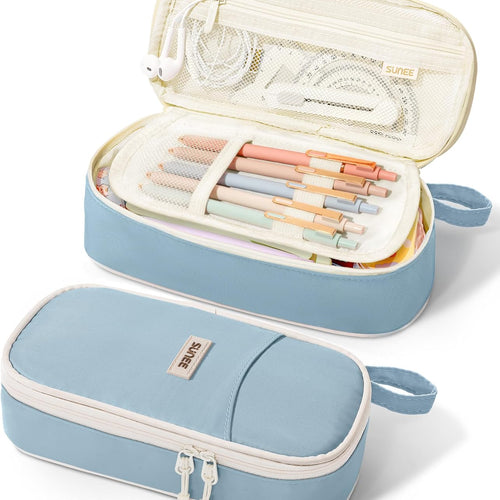 SUNEE Cute Pencil Case, Aesthetic Pen Pouch, Colored Large Pencil Bag with Zipper, Kawaii Stationery Storage and Organizer, School Supplies for Teen and Adult Girls, Blue