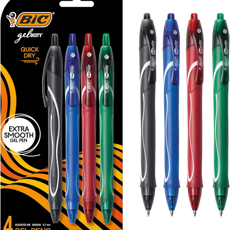 BIC Gelocity Quick Dry Black Gel Pens, Medium Point (0.7mm), 4-Count Pack, Retractable Gel Pens With Comfortable Full Grip