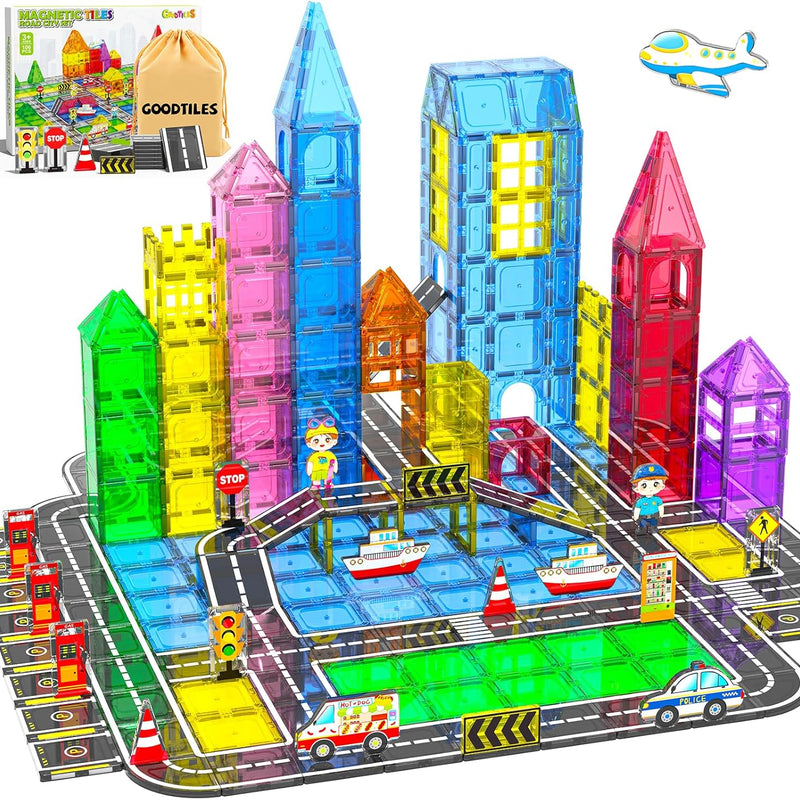 Magnetic City Traffic Tiles, 38pcs, Preschool Montessori Toys for 3+ Year Old Kids, Sensory Building Blocks for Toddler with Autism