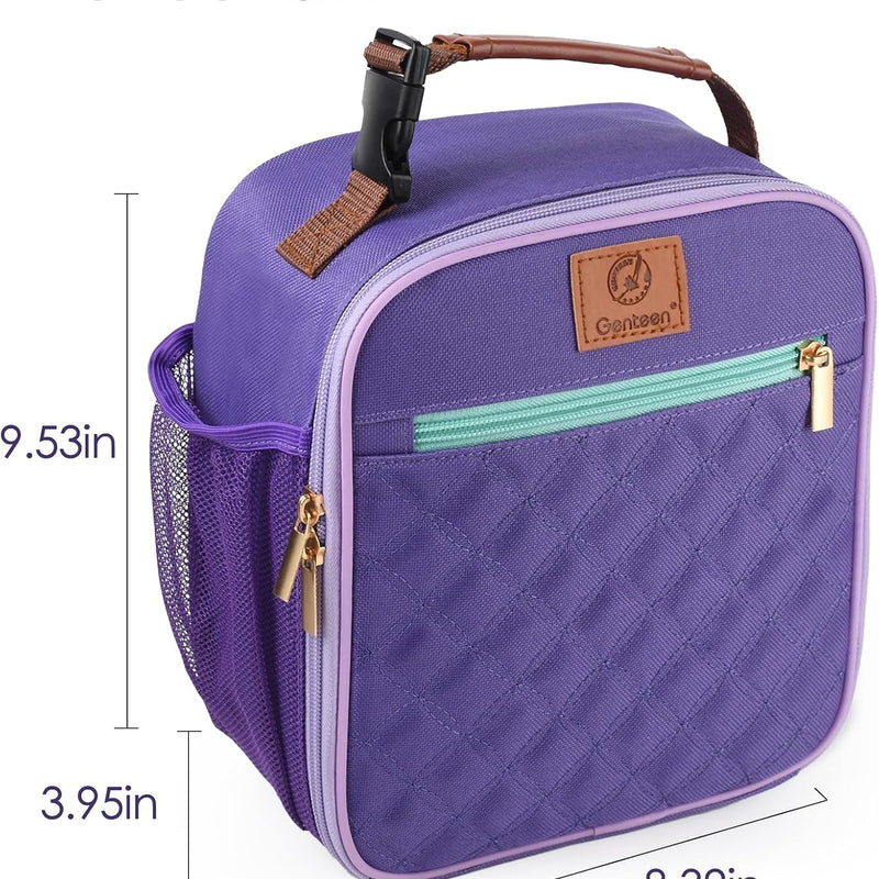 Genteen Kids Lunch Box Insulated Soft Mini Cooler with Bottle Holder, Lightweight Reusable Easy-Clean Lunch bag for Girls, Boys Back to School-Purple