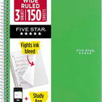 Five Star Spiral Notebook + Study App, 3 Subject, Wide Ruled Paper, 8" x 10-1/2", 150 Sheets, Fights Ink Bleed, Water Resistant Cover, Forest Green (73176)