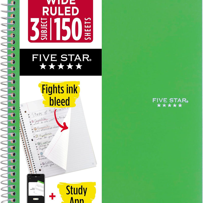 Five Star Spiral Notebook + Study App, 3 Subject, Wide Ruled Paper, 8" x 10-1/2", 150 Sheets, Fights Ink Bleed, Water Resistant Cover, Forest Green (73176)