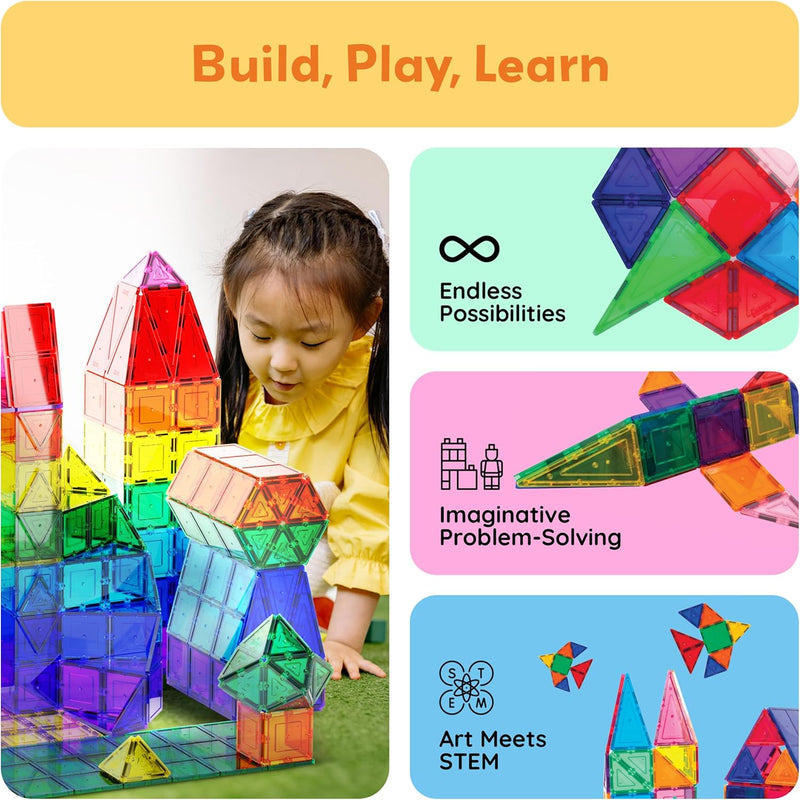 PicassoTiles 60 Piece Set Clear Magnetic 3D Blocks Construction Playboards for Toddlers and Kids