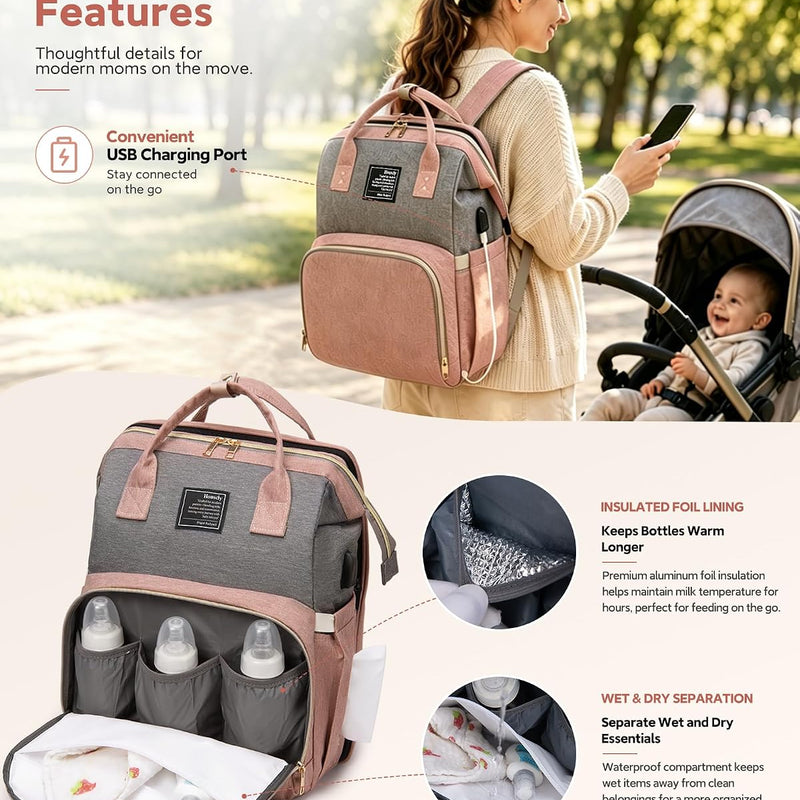 houscly Diaper Bag Backpack with Changing Station, 25L Large Capacity | Multifunction baby bag, baby registry search, baby girl newborn essentials must haves, baby shower gifts, pink