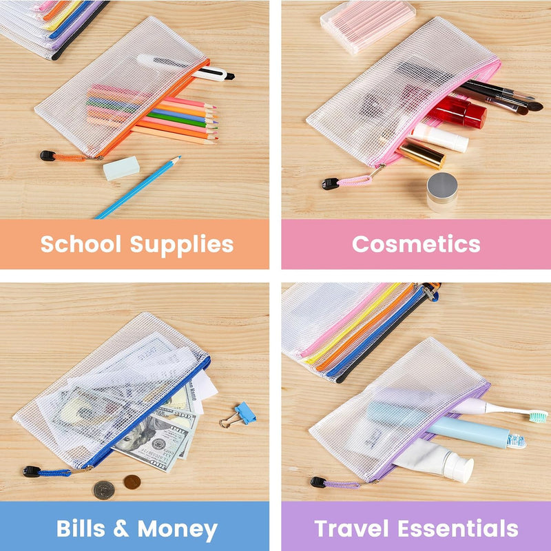 Sooez 24 Pack Mesh Zipper Pouch Bags with Label Pocket, A6 (9.1×4.7 in) Small Pencil Case Pouch for Organizing, Clear Plastic Pencil Pouches Bulk for School Supplies Storage, Money Envelopes for Cash