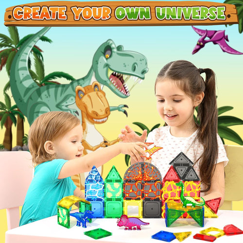 Coodoo Dinosaur Toys Magnetic Tiles Lava Dinosaur World Set - Magnetic Blocks Building for Kids 3-5 5-7 Girls Boys Toy Age 4-6 6-8, Classroom Must Haves Toddler Sensory for 3+ Year Old Kids Toys