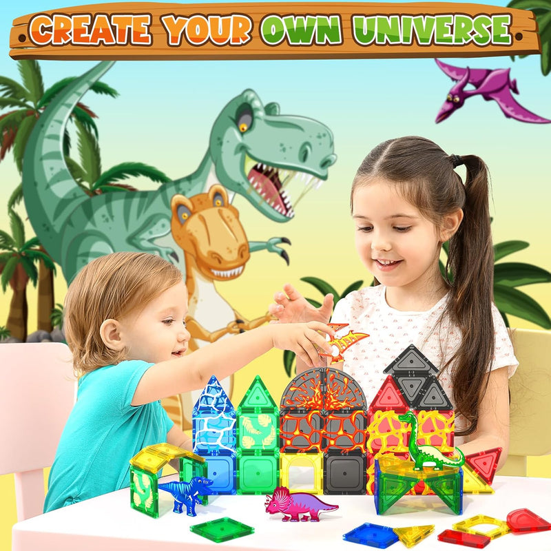 Coodoo Dinosaur Toys Magnetic Tiles Lava Dinosaur World Set - Magnetic Blocks Building for Kids 3-5 5-7 Girls Boys Toy Age 4-6 6-8, Classroom Must Haves Toddler Sensory for 3+ Year Old Kids Toys