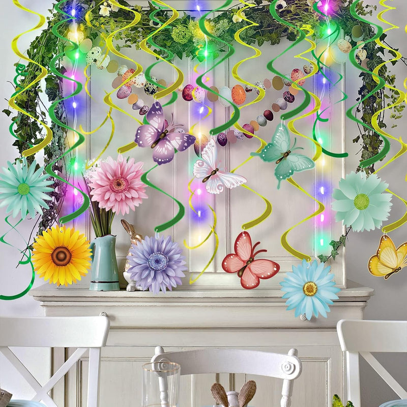 33pcs Spring Flower & Butterfly Hanging Decorations with LED Lights for Easter, Birthday Parties, and Home Decor