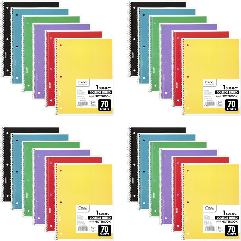 Mead Spiral Notebook, 1 Subject, College Ruled Paper, 7-1/2" x 10-1/2", 70 Sheets per Notebook, Colors Will Vary, 6 Pack (73065)