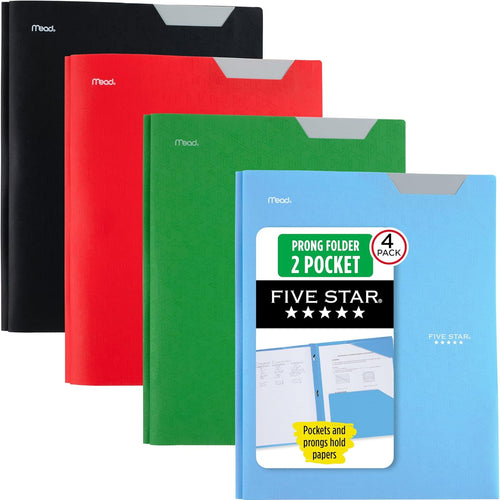 Five Star 2-Pocket Plastic Folder with Stay-Put Tabs and Prong Fasteners, Holds 8.5" x 11" Paper, Assorted Colors, 4 Pack (340300A)