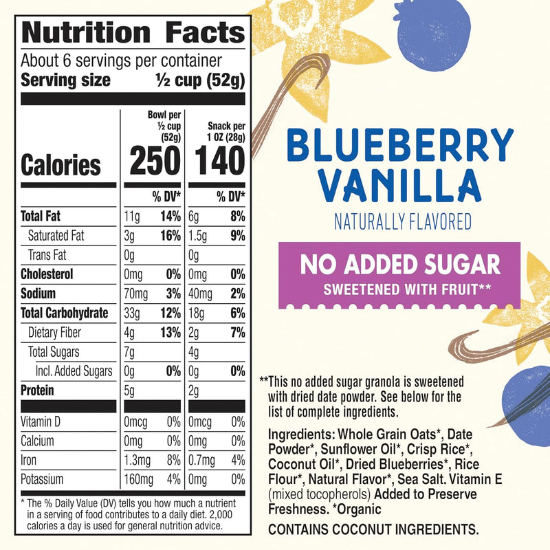 Cascadian Farm Organic Blueberry Vanilla Granola, No Added Sugar, 11 oz | 0g Added Sugar, Sweetened with Date Powder, 27g Whole Grain per Serving, Non-GMO Verified, Resealable Pouch