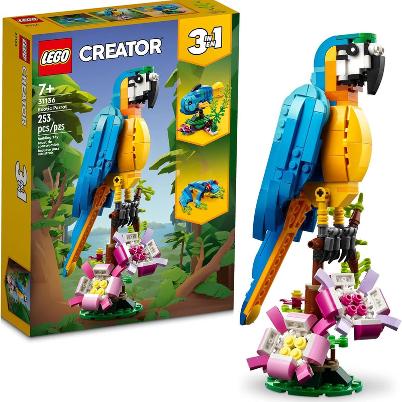 Lego Creator 3-in-1 Exotic Parrot Building Set with 3 Transformable Animal Figures for Kids Ages 7+