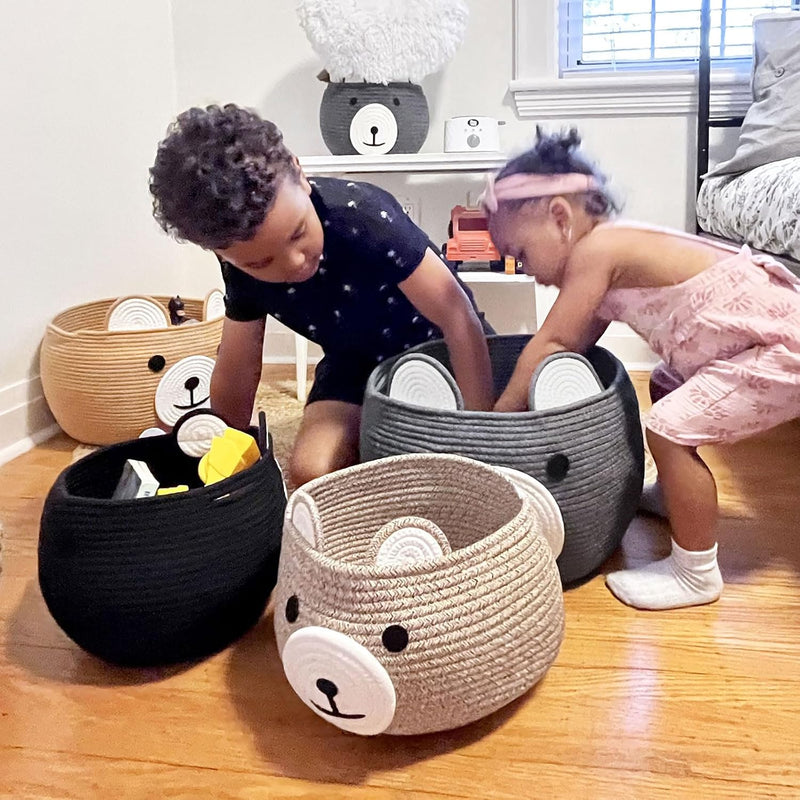 Baby Basket for Gifts Empty, Cute Bear Design, Light Brown | 10.5" x 8.5" Baby Shower Basket for Kids Boys Newborn Storage, Toy Basket for Living Room Nursery Décor, Soft Cotton Rope