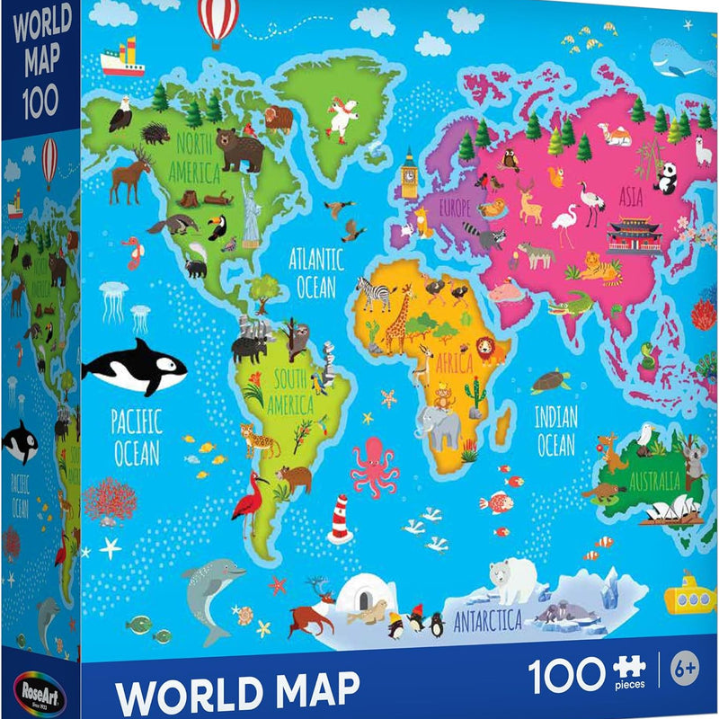 RoseArt Educational Map of USA Jigsaw Puzzle for Kids, 100 Large Durable Pieces, Fun State Illustrations, Made in USA, Learning Toy for Ages 6+, Finished Size 24 x 18 Inches.