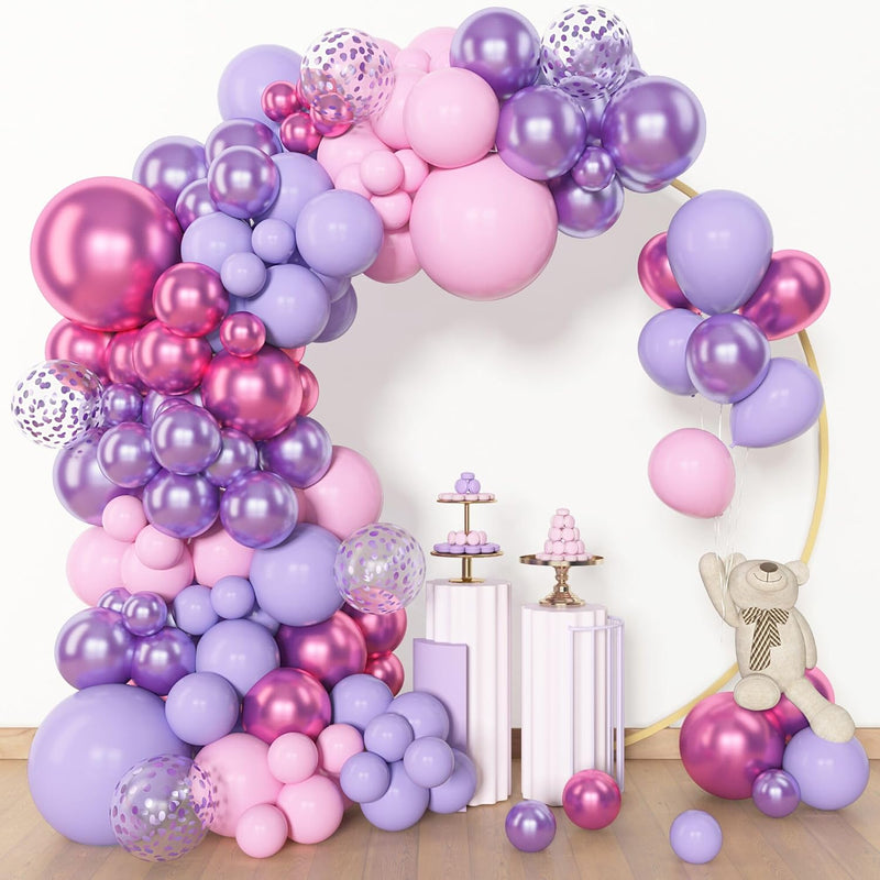 Amandir 153pcs Balloon Garland Kit, 4 Size Options, Pink, Purple, Red, Latex, and Metallic Balloons for Birthday Party Decor